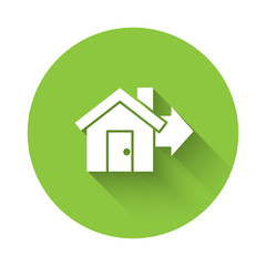 White Sale house icon isolated with long shadow. Buy house concept. Home loan concept, rent, buying a property. Green circle button. Vector