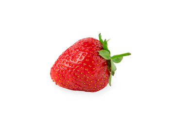 One single big ripe red strawberry with green peduncle laying on isolated white background close up