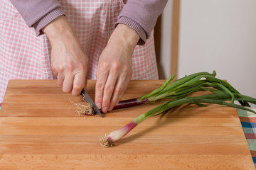 Close up of hands peeling and cutting scallions on a wooden board. Healthy food preparation concept