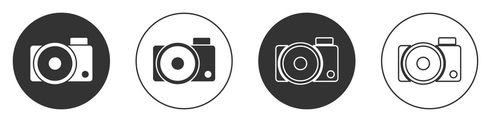 Black Photo camera icon isolated on white background. Foto camera icon. Circle button. Vector