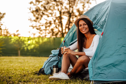 Portrait Of A Girl On A Camping Trip, Relaxing.