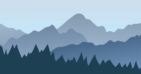 Rock Mountains in fog with forest. Blue Panoramic Landscape Background. Vector illustration