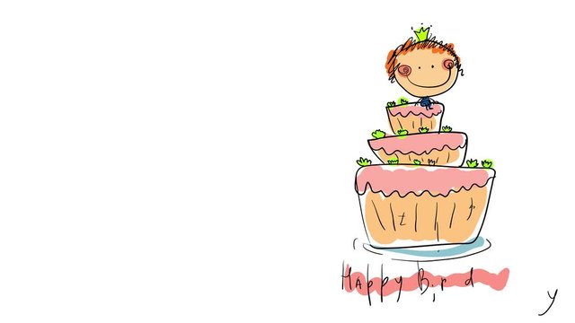 girl with happy face wearing a tiara on top of big three story cake painted outside the outlines like if a kid do it for happy birthday occasion