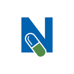 Letter N Pill or Capsule Logo Design. Initial Geometric Medicine Vector Graphic. 