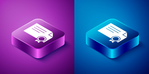 Isometric Certificate template icon isolated on blue and purple background. Achievement, award, degree, grant, diploma concepts. Square button. Vector