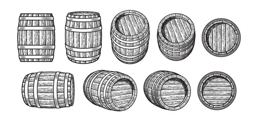 Set of old wooden barrels in different positions. Vintage vector illustration.