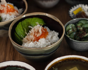 Japanese donburi, bowl of rice with toppings