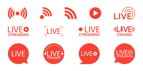Set of live streaming icons. Red symbols and buttons of live streaming, broadcasting, online stream. third template for tv, shows, movies and live performances. Vector illustration.