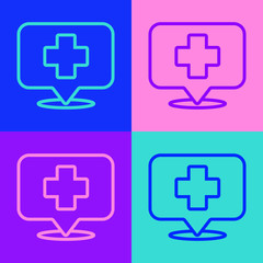 Pop art line Medical map pointer with cross hospital icon isolated on color background. Vector