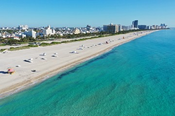 Aerial view of South Beach and Lummus Park in Miami Beach, Florida duing coronavirus beach, hotel,...