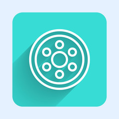 White line Alloy wheel for a car icon isolated with long shadow. Green square button. Vector