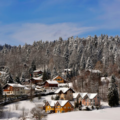 Saint cergues, le village suisse au carré dans les sapins enneigés, Jura Suisse
