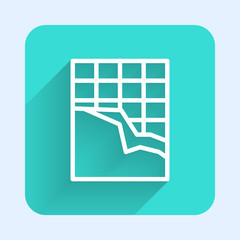 White line Chocolate bar icon isolated with long shadow. Green square button. Vector