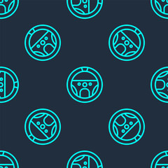 Green line Steering wheel icon isolated seamless pattern on blue background. Car wheel icon. Vector