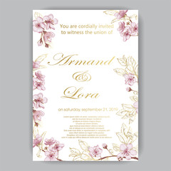 Wedding invitation with hand-drawn cherry, pink flowers on a light background