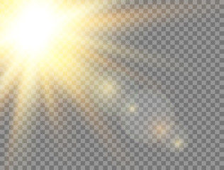 Golden glowing light effect on transparent background. Sun light. Summer sunny backdrop. Magic banner. Sunshine with rays. Sunlight lens flash. Vector illustration