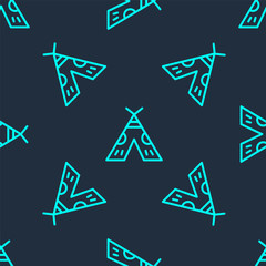 Green line Traditional indian teepee or wigwam icon isolated seamless pattern on blue background. Indian tent. Vector
