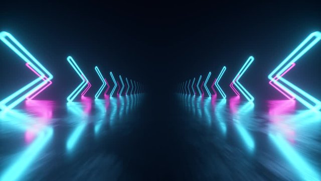 Fast flight in space with the direction of movement of the neon arrows. Abstract laser background. Seamless loop 3d render