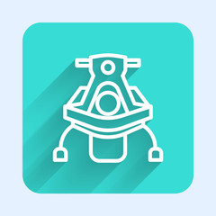 White line Snowmobile icon isolated with long shadow. Snowmobiling sign. Extreme sport. Green square button. Vector