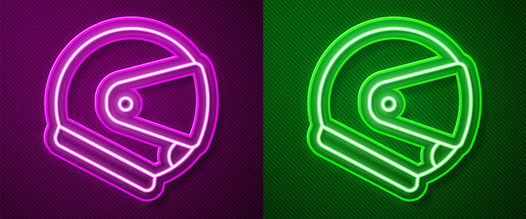 Glowing neon line Helmet icon isolated on purple and green background. Extreme sport. Sport equipment. Vector