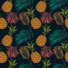 seamless repeating pattern with tropical leaves and pineapples. vector illustration