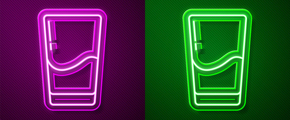 Glowing neon line Glass with water icon isolated on purple and green background. Soda glass. Vector