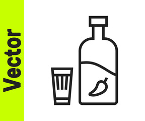 Black line Vodka with pepper and glass icon isolated on white background. Ukrainian national alcohol. Vector