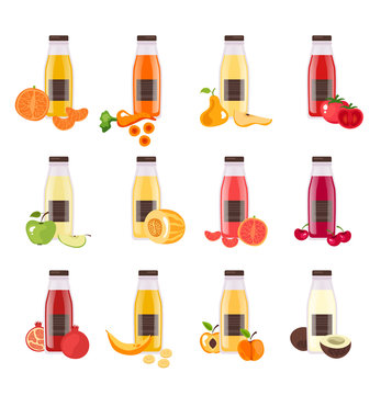 Fruit vegetable juice in bottle isolated set. Vector flat cartoon graphic design illustration