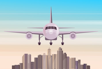 Fototapeta na wymiar Airplane fly above city buildings concept. Vector flat cartoon graphic design illustration