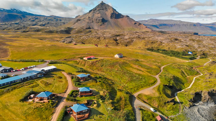 Aerial view of Snaefellsnes peninsula at sunset, Iceland. Aerial view of Arnarstapi