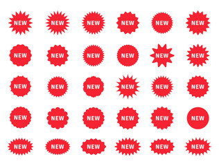 Set of new arrival price stickers. Star burst promo boxes. Vector discount stamps. Red tag product labels. Circle, round splash badges. Set of sunburst shapes. Flat illustration.