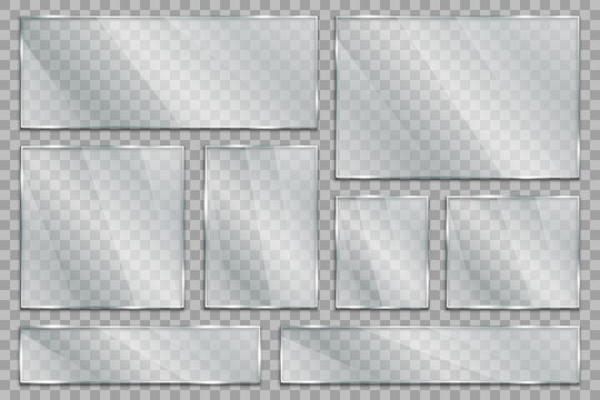 Set glass plate on transparent background, clear glass showcase, realistic window mockup, acrylic and glass texture with glares and light, realistic transparent glass window