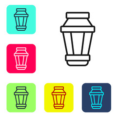 Black line Garden light lamp icon isolated on white background. Solar powered lamp. Lantern. Street lamp. Set icons in color square buttons. Vector