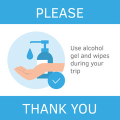 Hand sanitizer, hand desinfection concept banner. Guidance, recommendation. Avia coronavirus prevention rules. Travel guidance for travelers avia flights, train trips infographic flat style vector