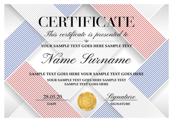 Certificate template with diagonal line pattern (in red, blue, silver colors) and gold wax seal. Abstract geometric background for Diploma, certificate of appreciation, award design