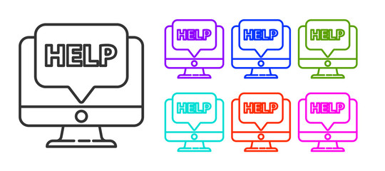 Black line Computer monitor and help icon isolated on white background. Adjusting, service, setting, maintenance, repair, fixing. Set icons colorful. Vector