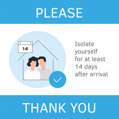 14 days arrived home from aboard. Avia coronavirus prevention rules. Travel guidance for travelers airplan flights, train trips infographic flat style vector. People inside house. Lockdown quarantine.