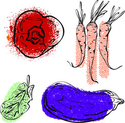 A set of vegetables, in a linear style. Black. Carrots, bell peppers, spinach, eggplant. Hand drawing. Vector graphics