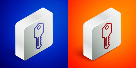 Isometric line House key icon isolated on blue and orange background. Silver square button. Vector