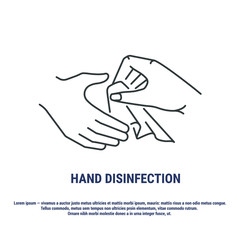 Vector graphic. Line, outline design icon on a white background. Skin disinfection. Wipe hands with antiseptic wipes. Personal hygiene. Editable Stroke. Symbol, sign.