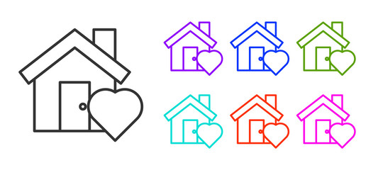Black line House with heart shape icon isolated on white background. Love home symbol. Family, real estate and realty. Set icons colorful. Vector