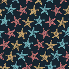 seamless repeating pattern with colorful starfishes. vector illustration