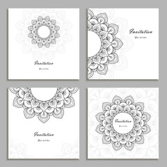Set of four black and white Invitation Cards with  mandala ornament. Card template for Wedding invitation or Birthday greeting card. Vector illustration