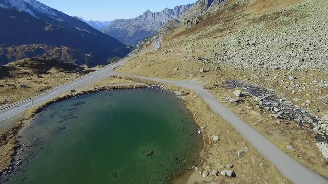 Sustenpass, Switzerland - October 29, 2016: The Susten Pass (2224 m high) connects the Canton of Uri with the Canton of Bern. The pass road is 45 km long and is one of the newer ones in the Swiss Alps