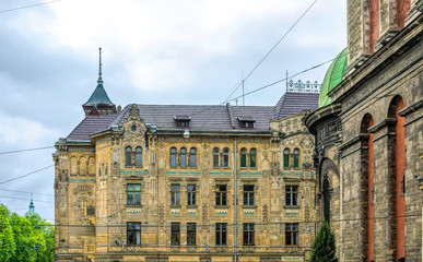 Beautiful facade of an old residential building in the historic quarter of the old city. Streets of Lviv
