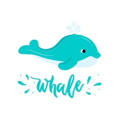 Whale blue cute with water splash. Icon isolated. Vector illustration. For logo of kids club, shcool, preshcool.