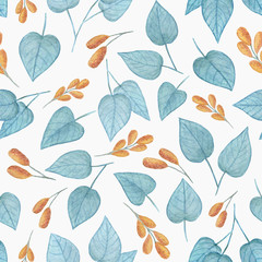 Botanical background with blue leaves and orange berries. watercolor pattern