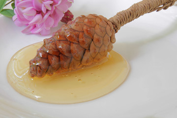 
honey dipper on, white background of flowers and herbs with liquid honey.