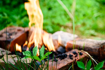 A fire built on bricks is a homemade barbecue grill. Summer picnic.