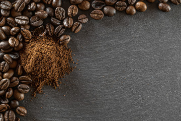 Drink caffeine breakfast. Coffee beans for cup of black espresso food dark background in cafe. Assorted ground and instant brown roasted coffee seeds on stone. Copy space, top view